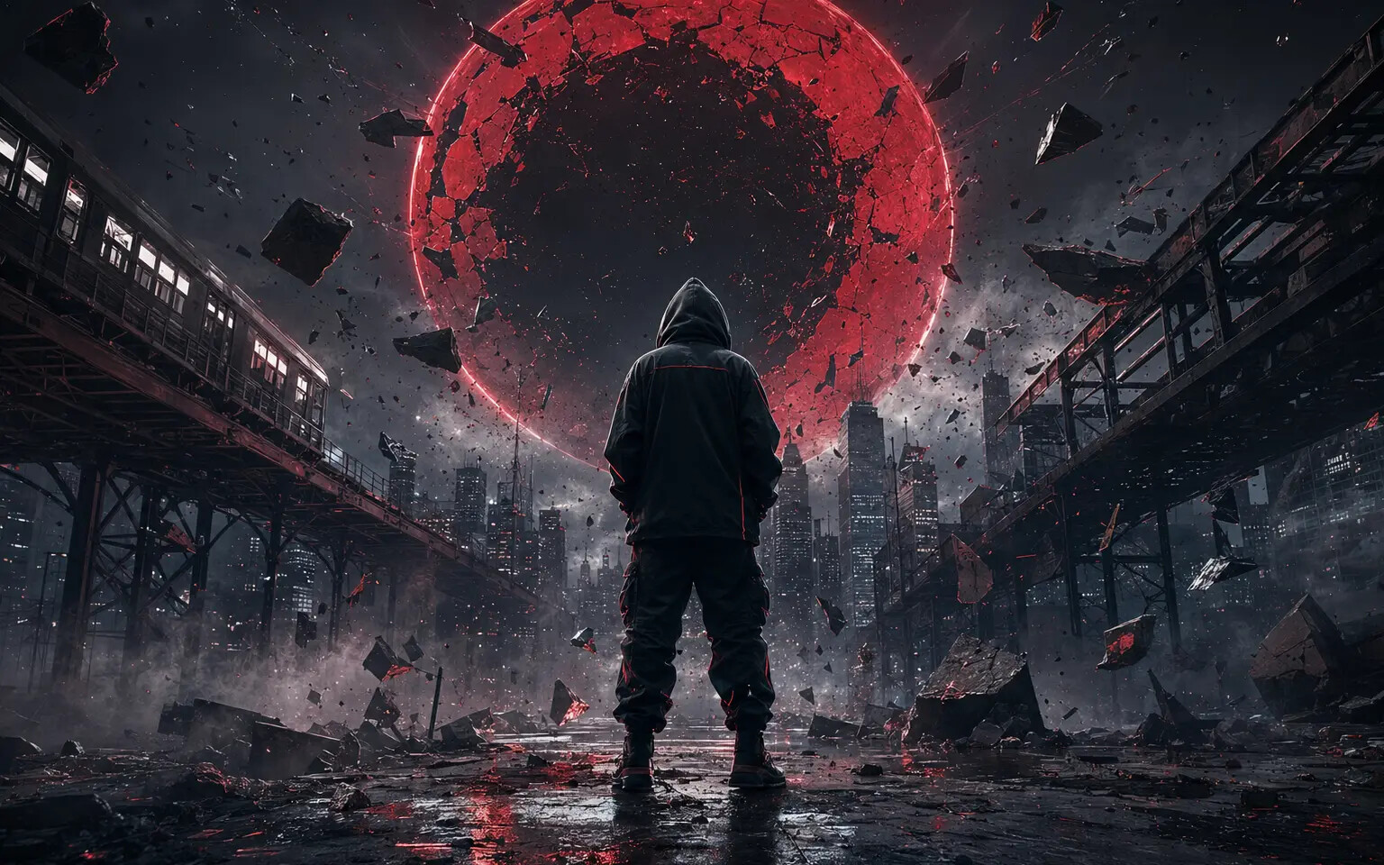 A hooded figure facing a fractured crimson eclipse over an altered Chicago