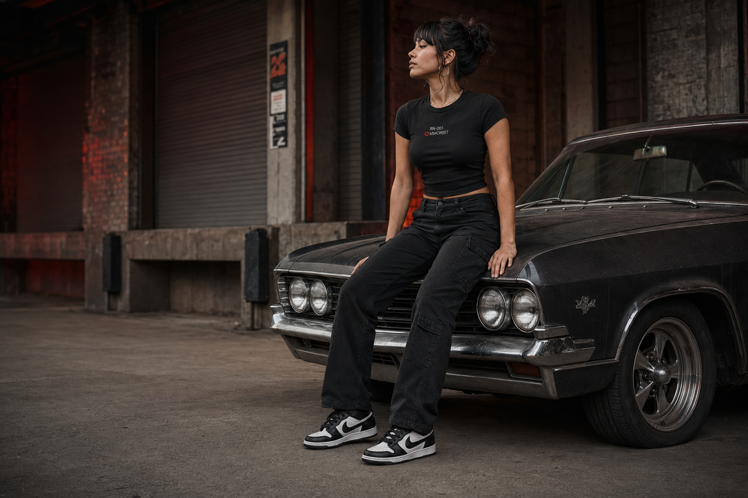 One adult older-teen model wearing the fitted MMORBIT Awakening baby tee in a distinct Chicago campaign scene