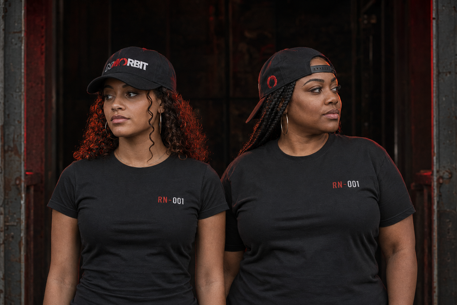 Two adult models wearing MMORBIT caps in a close editorial portrait for the Rich Nightmares chapter