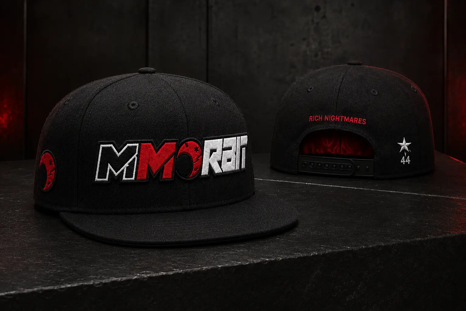 Premium studio view of the front and back of the MMORBIT Rich Nightmares snapback