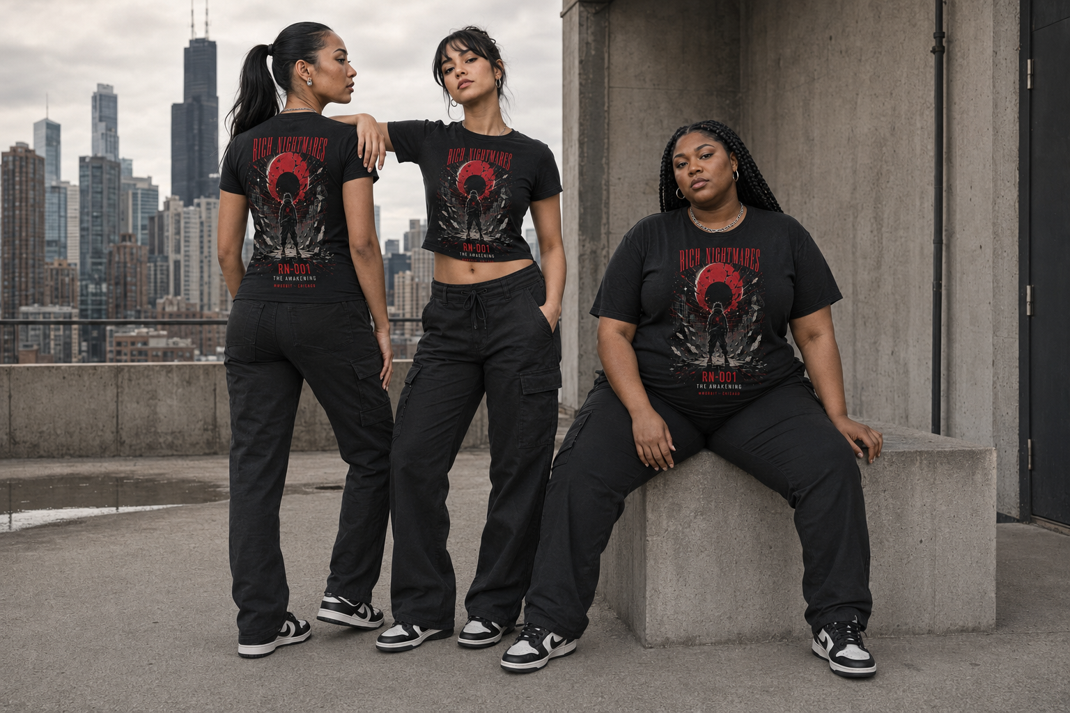 Three adult models, including one older teen, wearing fitted and full-length MMORBIT Awakening T-shirts in a relaxed rooftop group portrait