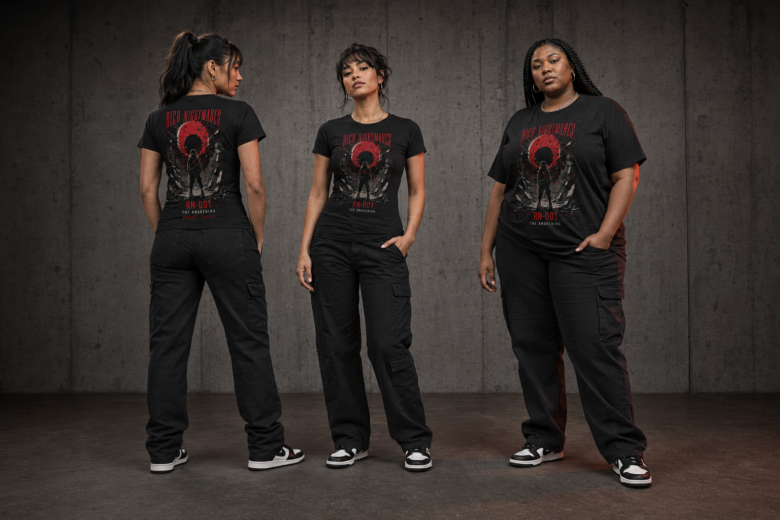Three adult models presenting fitted, full-length, and relaxed MMORBIT Awakening T-shirt options in an industrial studio